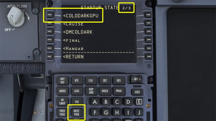 Ewentualnie, na drugiej stronie po kliknięciu NEXT PAGE jest jeszcze opcja COLDDARKGPU, która różni się tym, że od razu jest podłączone zasilanie elektryczne z lotniska - PMDG 737: Jak ustawić Cold and Dark na stałe? - Microsoft Flight Simulator 2020 - poradnik do gry