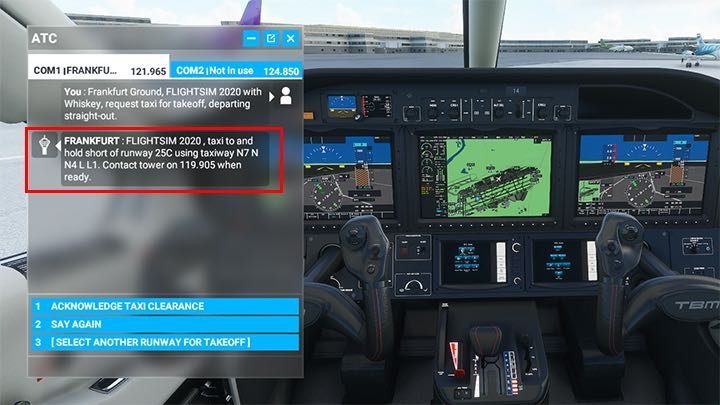 Ważne informacje od obsługi Ground to: N7 N N4 L L1 i pas 25C. - Flight Simulator: Kołowanie na pas startowy (Taxi) - Microsoft Flight Simulator 2020 - poradnik do gry
