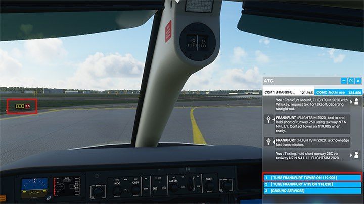 Wybierz opcję dialogową pozwolenia na start (Request Take-Off) i potwierdź zgodę (Acknowledge) - Flight Simulator: Kołowanie na pas startowy (Taxi) - Microsoft Flight Simulator 2020 - poradnik do gry