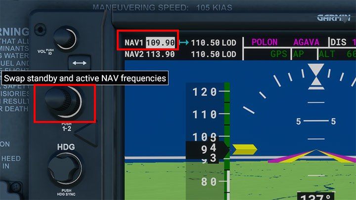 3 - Użyj przycisku podwójnej strzałki, by edytowaną częstotliwość przenieść na stronę aktywną - Flight Simulator: ILS - lądowanie automatyczne - Microsoft Flight Simulator 2020 - poradnik do gry