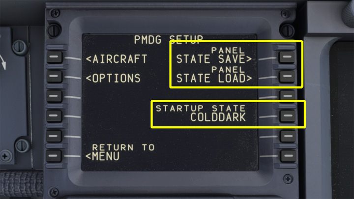 Do ustawienia gotowości samolotu służą wszystkie opcje po prawej stronie ekranu FMC - PMDG 737: Panel State - stan gotowości samolotu (PMDG Setup) - Microsoft Flight Simulator 2020 - poradnik do gry