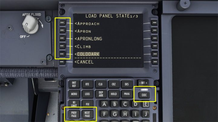 Domyślnie są trzy strony różnych stanów gotowości do wyboru, pomiędzy którymi poruszacie się przyciskami PREV PAGE / NEXT PAGE - PMDG 737: Panel State - stan gotowości samolotu (PMDG Setup) - Microsoft Flight Simulator 2020 - poradnik do gry