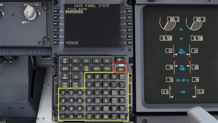 Użyjcie klawiatury do wprowadzenia swojej unikalnej nazwy stanu i koniecznie potwierdźcie przyciskiem EXEC - PMDG 737: Panel State - stan gotowości samolotu (PMDG Setup) - Microsoft Flight Simulator 2020 - poradnik do gry