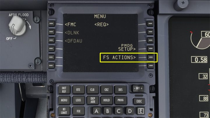 Dostęp do opcji FS Actions znajduje się w menu głównym komputera FMC - PMDG 737: FS Actions - główne funkcje - Microsoft Flight Simulator 2020 - poradnik do gry