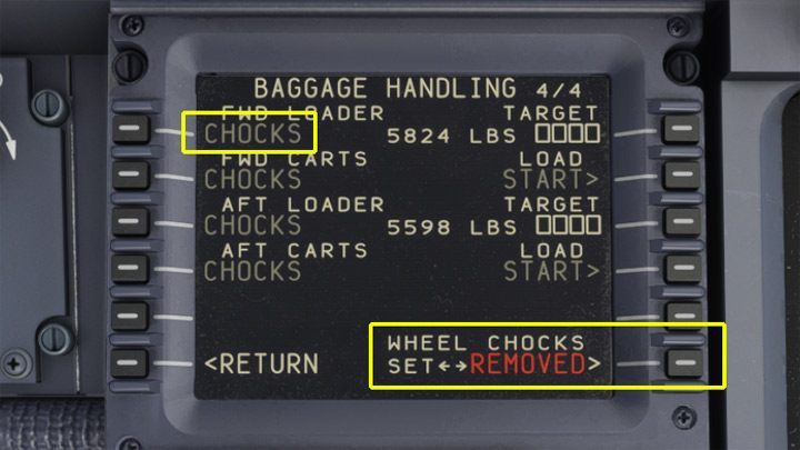 Jeśli samolot jest już gdzieś na pasie lub blokady Chocks są usunięte, wiele opcji będzie niedostępnych - informuje o tym szary napis chocks przy nieaktywnym przycisku - PMDG 737: FS Actions - główne funkcje - Microsoft Flight Simulator 2020 - poradnik do gry