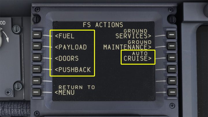 W głównym menu FS Actions znajdują się zakładki do poszczególnych opcji przygotowań samolotu do lotu - PMDG 737: FS Actions - inne funkcje - Microsoft Flight Simulator 2020 - poradnik do gry