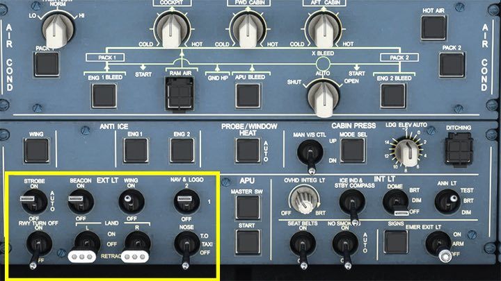 Sekcja EXT LT to oświetlenie zewnętrzne - Flight Simulator: Samolot pasażerski - kokpit - Microsoft Flight Simulator 2020 - poradnik do gry