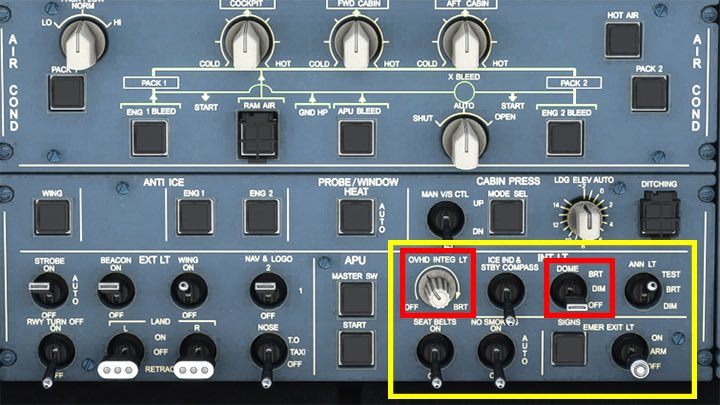 Sekcja INT LT to oświetlenie wewnętrzne, choć nie obejmuje wszystkich pokręteł i miejsc możliwych do oświetlenia - Flight Simulator: Samolot pasażerski - kokpit - Microsoft Flight Simulator 2020 - poradnik do gry
