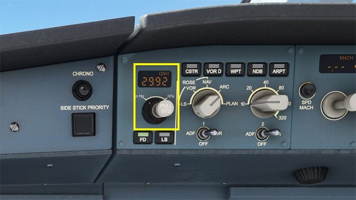 Bardzo ważnym elementem jest pokrętło ustawiania ciśnienia barometrycznego wysokościomierza - Flight Simulator: Samolot pasażerski - kokpit - Microsoft Flight Simulator 2020 - poradnik do gry