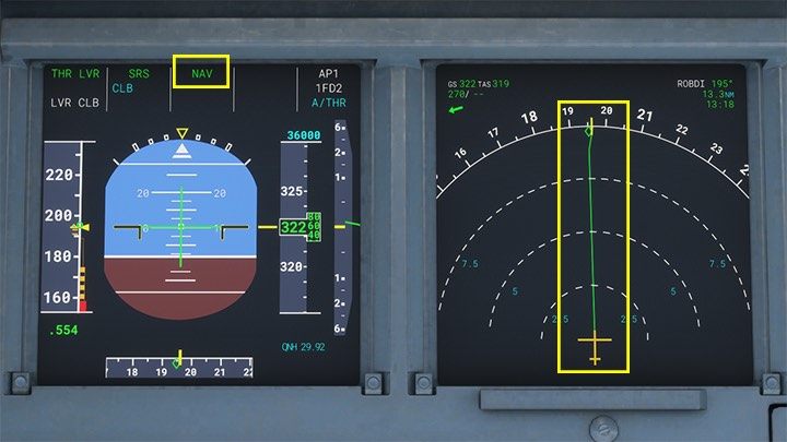 Działanie autopilota potwierdza świecący się na zielono napis NAV na ekranie PFD - Flight Simulator: Samolot pasażerski - autopilot - Microsoft Flight Simulator 2020 - poradnik do gry