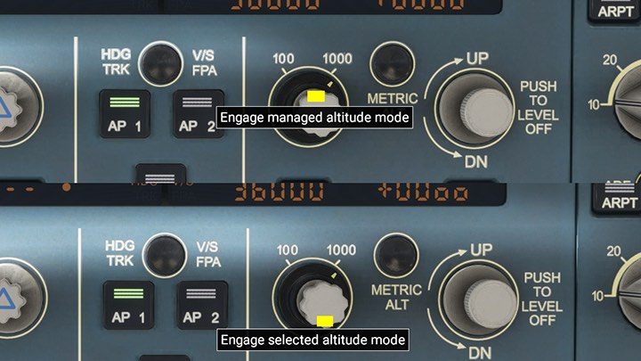 W zależności, czy klikniecie nieco wyżej czy nieco niżej na przycisku, włącza się tryb wysokości zarządzanej lub wybranej - Flight Simulator: Samolot pasażerski - autopilot - Microsoft Flight Simulator 2020 - poradnik do gry