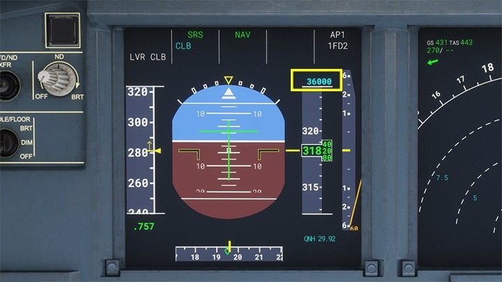 Zadana wysokość pojawia się jako niebieskie cyfry na ekranie PFD - Flight Simulator: Samolot pasażerski - autopilot - Microsoft Flight Simulator 2020 - poradnik do gry