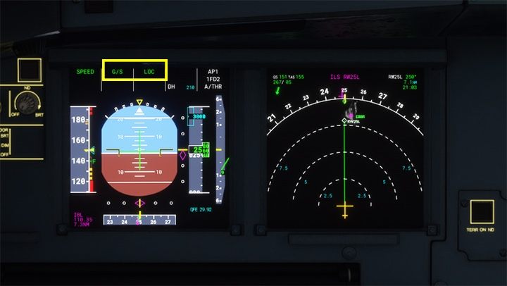 Działanie trybu APPR widać najlepiej na ekranie PFD w postaci zielonych liter skrótów G/S i LOC oraz purpurowych diamentów po prawej i na dole - Flight Simulator: Samolot pasażerski - autopilot - Microsoft Flight Simulator 2020 - poradnik do gry