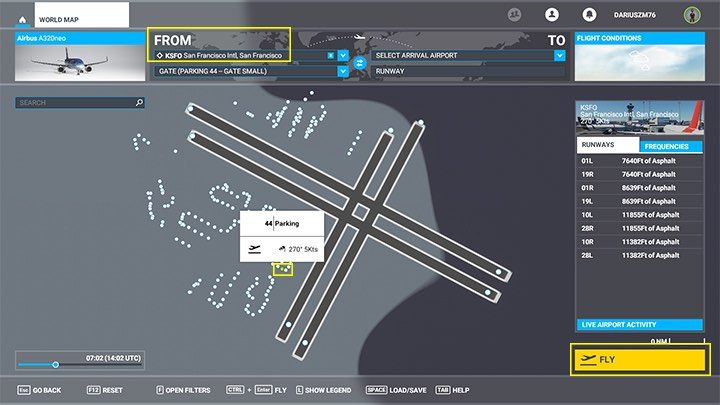 Z menu trybu Mapa świata, w polu wyboru lotniska startowego wybierzcie KSFO, czyli Międzynarodowy Port Lotniczy w San Francisco - Flight Simulator: Samolot pasażerski - przygotowanie do lotu, Cold Start - Microsoft Flight Simulator 2020 - poradnik do gry