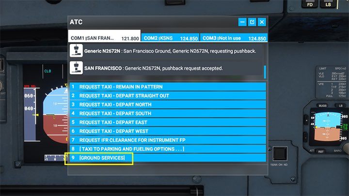 Z paska narzędzi wybieracie menu komunikacji radiowej ATC, a następnie obsługę naziemną (Ground Services) - Flight Simulator: Samolot pasażerski - przygotowanie do lotu, Cold Start - Microsoft Flight Simulator 2020 - poradnik do gry