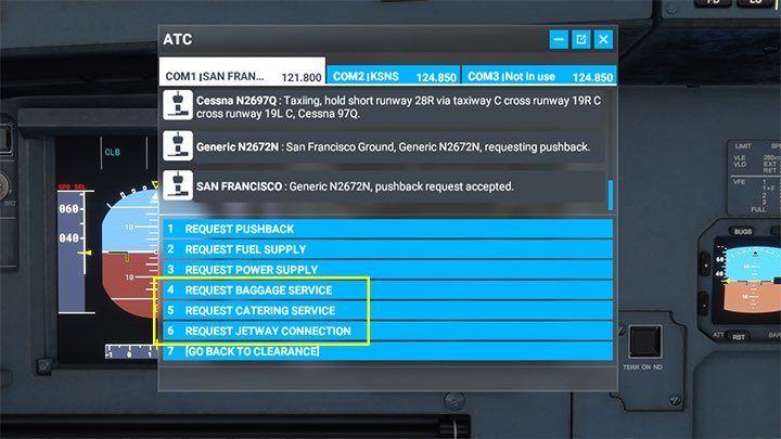 Z dostępnych usług wybieracie załadunek bagażu, posiłków i połączenie rękawa do drzwi samolotu (jetway) lub schodów (ramp) - Flight Simulator: Samolot pasażerski - przygotowanie do lotu, Cold Start - Microsoft Flight Simulator 2020 - poradnik do gry