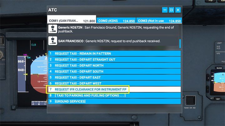 Po wprowadzeniu planu zgłoście przez menu radia ATC swój lot według instrumentów IFR (Request IFR Clearence) - Flight Simulator: Samolot pasażerski - przygotowanie do lotu, Cold Start - Microsoft Flight Simulator 2020 - poradnik do gry