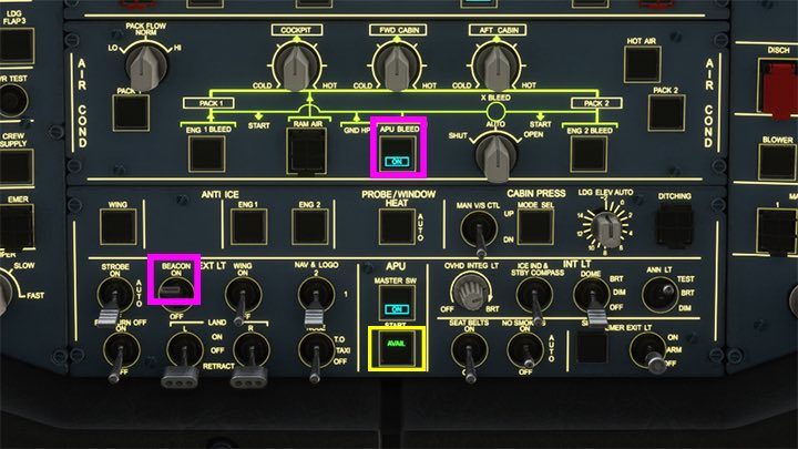 Gdy na przycisku START pojawi się zielony napis AVAIL, klikacie nieco wyżej na przycisk APU BLEED - Flight Simulator: Samolot pasażerski - przygotowanie do lotu, Cold Start - Microsoft Flight Simulator 2020 - poradnik do gry