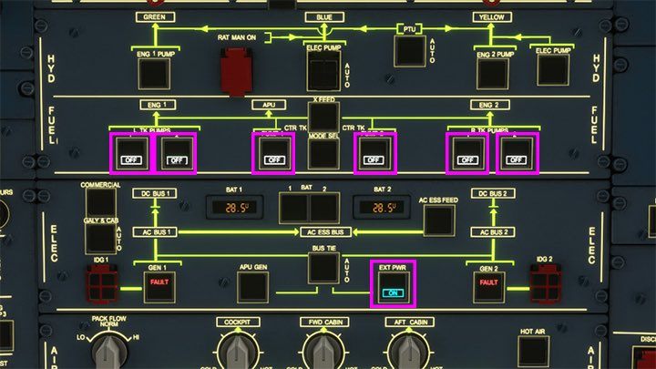 W sekcji paliwa FUEL włącznie wszystkie pompy paliwa - to łącznie sześć przycisków - Flight Simulator: Samolot pasażerski - przygotowanie do lotu, Cold Start - Microsoft Flight Simulator 2020 - poradnik do gry