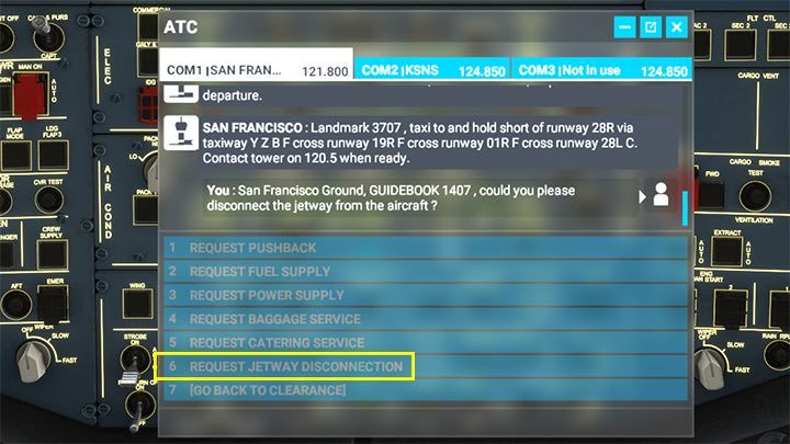 Pamiętajcie, by poprosić przez menu radia obsługę naziemną Ground o odłączenie rękawa z wejściem dla pasażerów - Flight Simulator: Samolot pasażerski - przygotowanie do lotu, Cold Start - Microsoft Flight Simulator 2020 - poradnik do gry