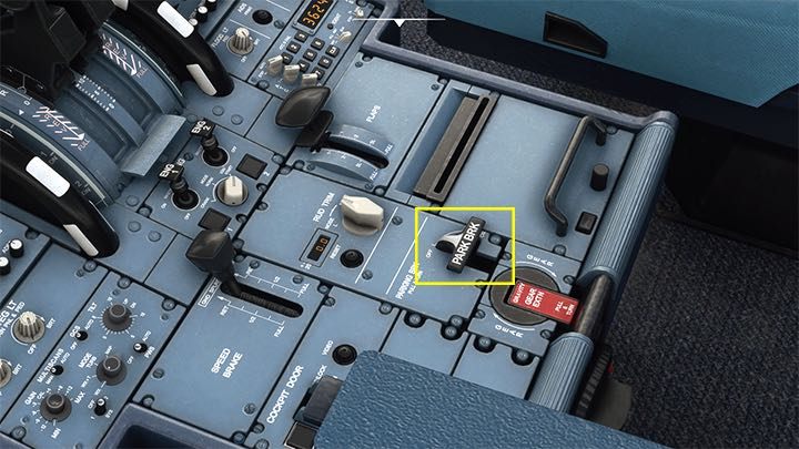 Pod przepustnicą zwolnijcie hamulec parkingowy, klikając na dźwignię PARK BRK, by przekręcić ją w górę - Flight Simulator: Samolot pasażerski - przygotowanie do lotu, Cold Start - Microsoft Flight Simulator 2020 - poradnik do gry