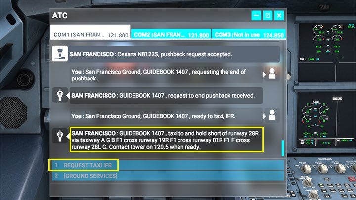 Z paska narzędzi i menu komunikacji ATC wybierzcie opcję pozwolenia na kołowanie Request Taxi IFR - Flight Simulator: Samolot pasażerski - kołowanie i start - Microsoft Flight Simulator 2020 - poradnik do gry