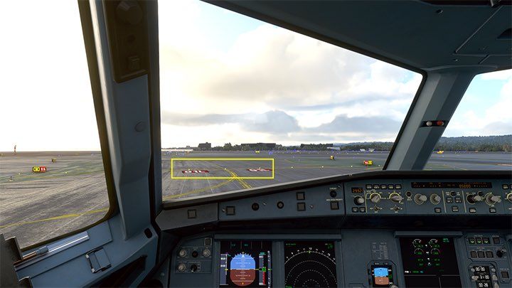Zatrzymajcie się tuż przed wjazdem na pas, czyli grubszą linią z biało-czerwonym kodem pasa - Flight Simulator: Samolot pasażerski - kołowanie i start - Microsoft Flight Simulator 2020 - poradnik do gry