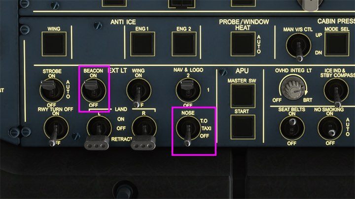 Można już wyłączyć niepotrzebne światła do startu NOSE T - Flight Simulator: Samolot pasażerski - kołowanie i start - Microsoft Flight Simulator 2020 - poradnik do gry