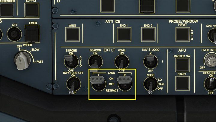 Przygotowania do lądowania rozpoczynają się już od zejścia na 10000 stóp, kiedy włącza się światła do lądowania LAND L i R - ON - Flight Simulator: Samolot pasażerski - lądowanie ILS - Microsoft Flight Simulator 2020 - poradnik do gry