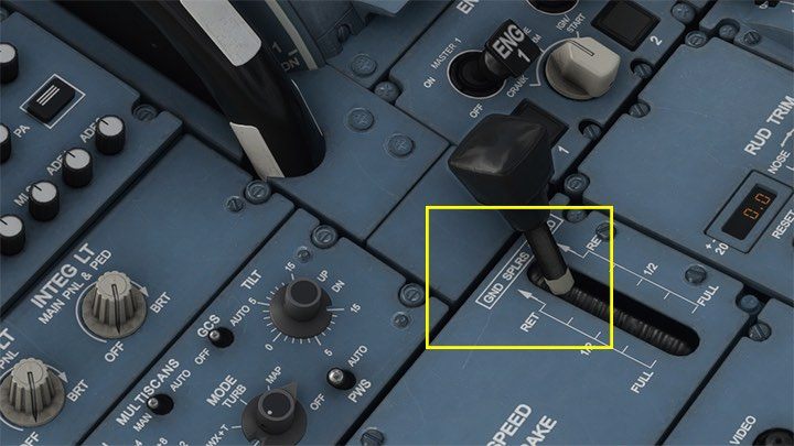 Za przepustnicą ustawcie dźwignię hamulca aerodynamicznego maksymalnie do góry, by uzbroić spoilery (GND SPLRS) - Flight Simulator: Samolot pasażerski - lądowanie ILS - Microsoft Flight Simulator 2020 - poradnik do gry