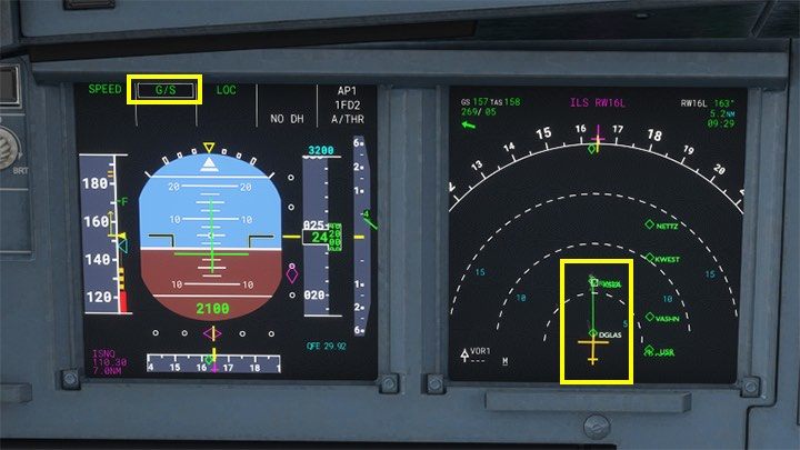 Tuż przed ostatnim punktem nawigacyjnym DGLAS samolot przechwycił sygnał ILS i rozpoczął zejście po ścieżce (Glide Slope) - Flight Simulator: Samolot pasażerski - lądowanie ILS - Microsoft Flight Simulator 2020 - poradnik do gry