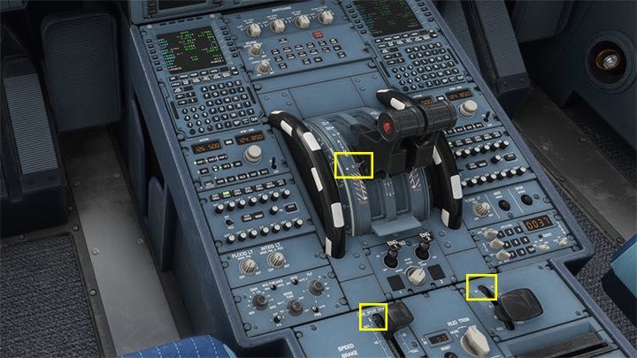 Gdy prędkość spadnie, można już ustawić przepustnicę na pozycję obrotów jałowych Idle, schować klapy i spoilery - Flight Simulator: Samolot pasażerski - lądowanie ILS - Microsoft Flight Simulator 2020 - poradnik do gry