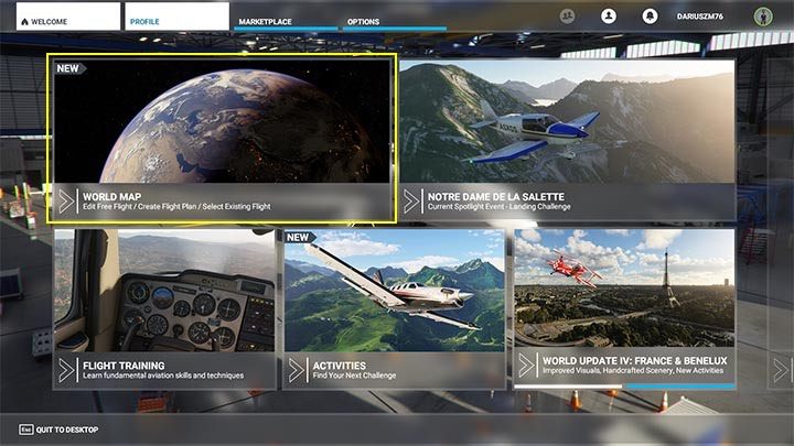 W menu głównym wybierzcie tryb Mapy świata - Flight Simulator: Plan lotu samolotu pasażerskiego - jak stworzyć? - Microsoft Flight Simulator 2020 - poradnik do gry