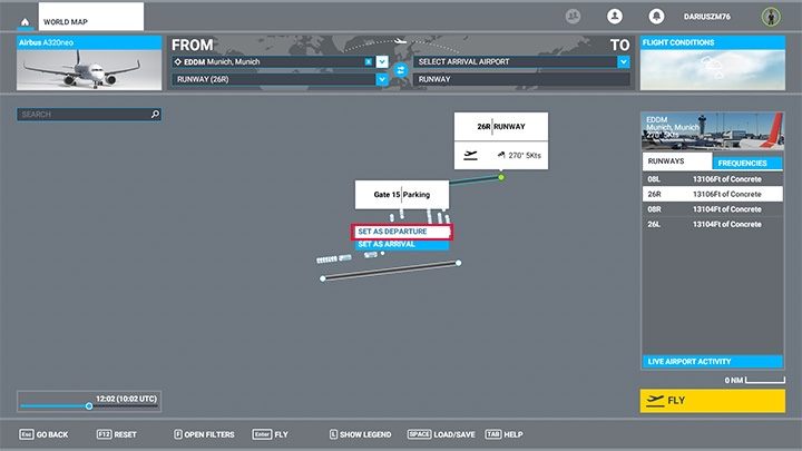 Kliknijcie którąkolwiek kropkę oznaczaną jako GATE, by wybrać miejsce startu, a następnie opcję ustaw jako odlot (Set As Departure) - Flight Simulator: Plan lotu samolotu pasażerskiego - jak stworzyć? - Microsoft Flight Simulator 2020 - poradnik do gry