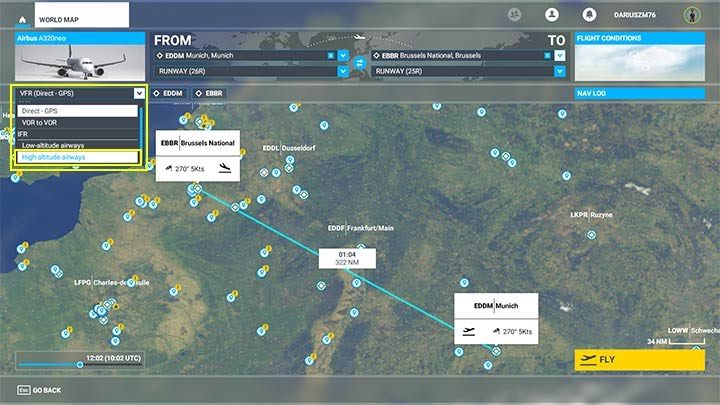 W tym polu należy zmienić typ trasy z bezpośredniej (Direct) na wysokie korytarze powietrzne (High-Altitude Airways) - Flight Simulator: Plan lotu samolotu pasażerskiego - jak stworzyć? - Microsoft Flight Simulator 2020 - poradnik do gry