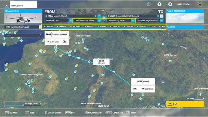 Plan lotu wzbogacił się o punkty nawigacyjne na trasie korytarza do Brukseli oraz możliwość wyboru procedury odlotu SID (Departures), przylotu STAR (Arrivals) i pasa do lądowania (Approach) - Flight Simulator: Plan lotu samolotu pasażerskiego - jak stworzyć? - Microsoft Flight Simulator 2020 - poradnik do gry