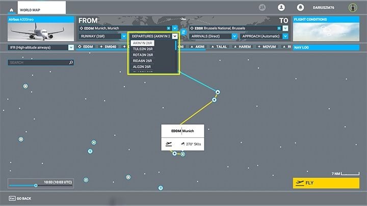 Pierwsza rzecz to procedura opuszczenia przestrzeni lotniska SID zwana tutaj po prostu odlotem (Departure) - Flight Simulator: Plan lotu samolotu pasażerskiego - jak stworzyć? - Microsoft Flight Simulator 2020 - poradnik do gry