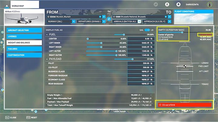 Jeśli rozkład środka ciężkości MAC świeci się na czerwono, należy wykorzystać suwak u góry, by lepiej rozłożyć ciężar ładunku na pokładzie - Flight Simulator: Plan lotu samolotu pasażerskiego - jak stworzyć? - Microsoft Flight Simulator 2020 - poradnik do gry