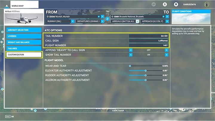 Na koniec można wejść do zakładki personalizacji samolotu (Customization) i zmienić dane, jakimi będzie wywoływać nas kontroler z wieży - Flight Simulator: Plan lotu samolotu pasażerskiego - jak stworzyć? - Microsoft Flight Simulator 2020 - poradnik do gry