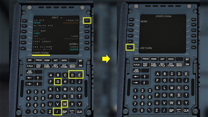 Pozycja FROM/TO (od/do) alarmuje pustymi kwadratami, że brakuje jej niezbędnych danych - Flight Simulator: Komputer pokładowy MCDU - jak zaprogramować? - Microsoft Flight Simulator 2020 - poradnik do gry