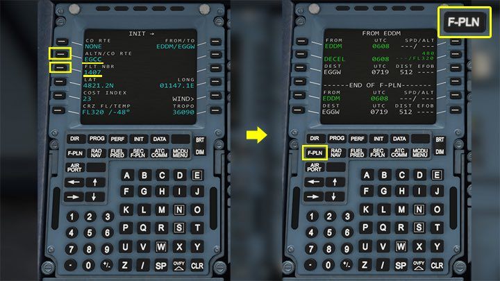 Na pierwszej stronie INIT można jeszcze ewentualnie zmienić swój numer lotu FLT NBR, choć ma to jedynie znaczenie kosmetyczne oraz lotnisko zapasowe ALTN - w tym wypadku plan lotu wybrał port lotniczy w Manchesterze o kodzie EGCC i takie litery zostały wprowadzone do MCDU - Flight Simulator: Komputer pokładowy MCDU - jak zaprogramować? - Microsoft Flight Simulator 2020 - poradnik do gry