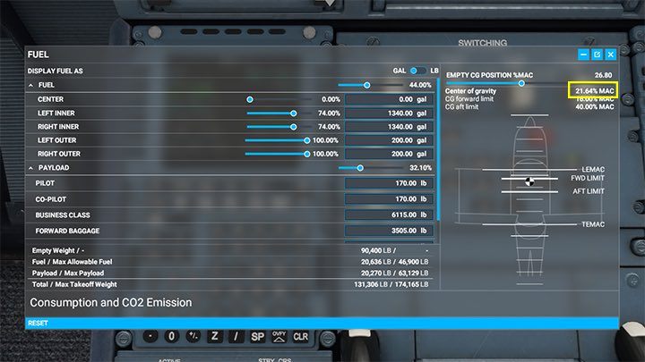 Środek ciężkości jest automatycznie wyliczany na ekranie paliwa i ładunku rozwijanego z paska narzędzi - Flight Simulator: Komputer pokładowy MCDU - jak zaprogramować? - Microsoft Flight Simulator 2020 - poradnik do gry