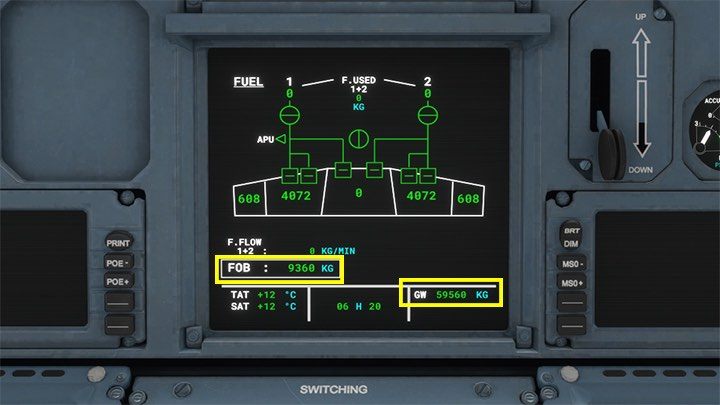 Ilość paliwa FOB (Fuel On Board) i masę całkowitą GW (Gross Weight - TOW w MCDU) można sprawdzić na środkowym monitorze systemów i w razie czego wprowadzić poprawki - Flight Simulator: Komputer pokładowy MCDU - jak zaprogramować? - Microsoft Flight Simulator 2020 - poradnik do gry
