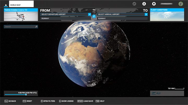 Tryb Mapa świata pozwala nie tylko wybrać dowolny punkt na kuli ziemskiej jako miejsce startu, ale zaplanować dokładnie długą trasę wraz z wszelkimi punktami pośrednimi - Flight Simulator: Tryby rozgrywki - Microsoft Flight Simulator 2020 - poradnik do gry