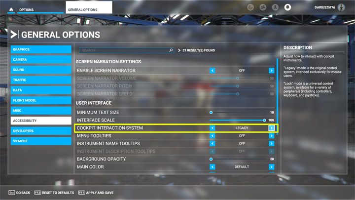 W przypadku chęci powrotu do tradycyjnej mechaniki klikania myszką należy wejść do menu opcji ogólnych i wybrać zakładkę Dostępność (Accessibility) oraz System interakcji w kokpicie (Cockpit Interaction System) - Flight Simulator: Nie działa myszka w kokpicie - jak naprawić? - Microsoft Flight Simulator 2020 - poradnik do gry