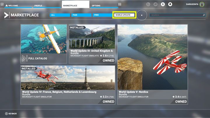 Aby cieszyć się z poprawionego wyglądu terenu w aktualizacjach World Update, należy jeszcze wejść do sklepiku Marketplace, wybrać tam odpowiednią zakładkę World Update - Flight Simulator: Aktualizacje World Update - jak zainstalować? - Microsoft Flight Simulator 2020 - poradnik do gry