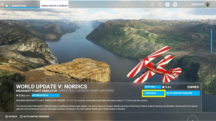 Następnie wybrany region geograficzny i kliknąć ściągnij (Download) - Flight Simulator: Aktualizacje World Update - jak zainstalować? - Microsoft Flight Simulator 2020 - poradnik do gry