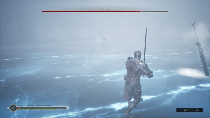 Tarsus również rzuca swoim mieczem w twoją stronę, nie myśl jednak, że jesteś bezpieczny po wyrzuceniu go - Mortal Shell: Tarsus, the First Martyr boss, jak pokonać - Mortal Shell - poradnik do gry