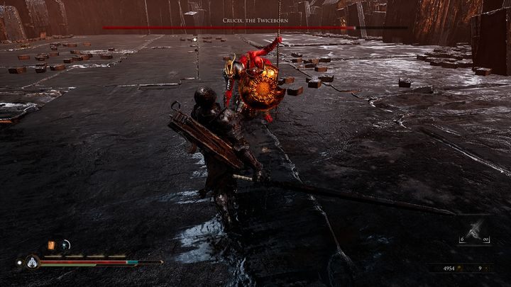 Crucix ma w zanadrzu również 3 hit combo, które polega na tym, że atakuje raz włócznią, nastepnie toporem, aby po krótkiej chwilii zaatakować włócznią, wykonując pchnięcie w twoją stronę - Mortal Shell: Crucix, the Twiceborn boss, jak pokonać - Mortal Shell - poradnik do gry
