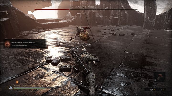 Gdy boss ma 25% zdrowia, zdobywa nowy atak, który polega na tym, że skaczę wysoko w górę, wykonując dwa szybkie strzały w twoją stronę - Mortal Shell: Crucix, the Twiceborn boss, jak pokonać - Mortal Shell - poradnik do gry